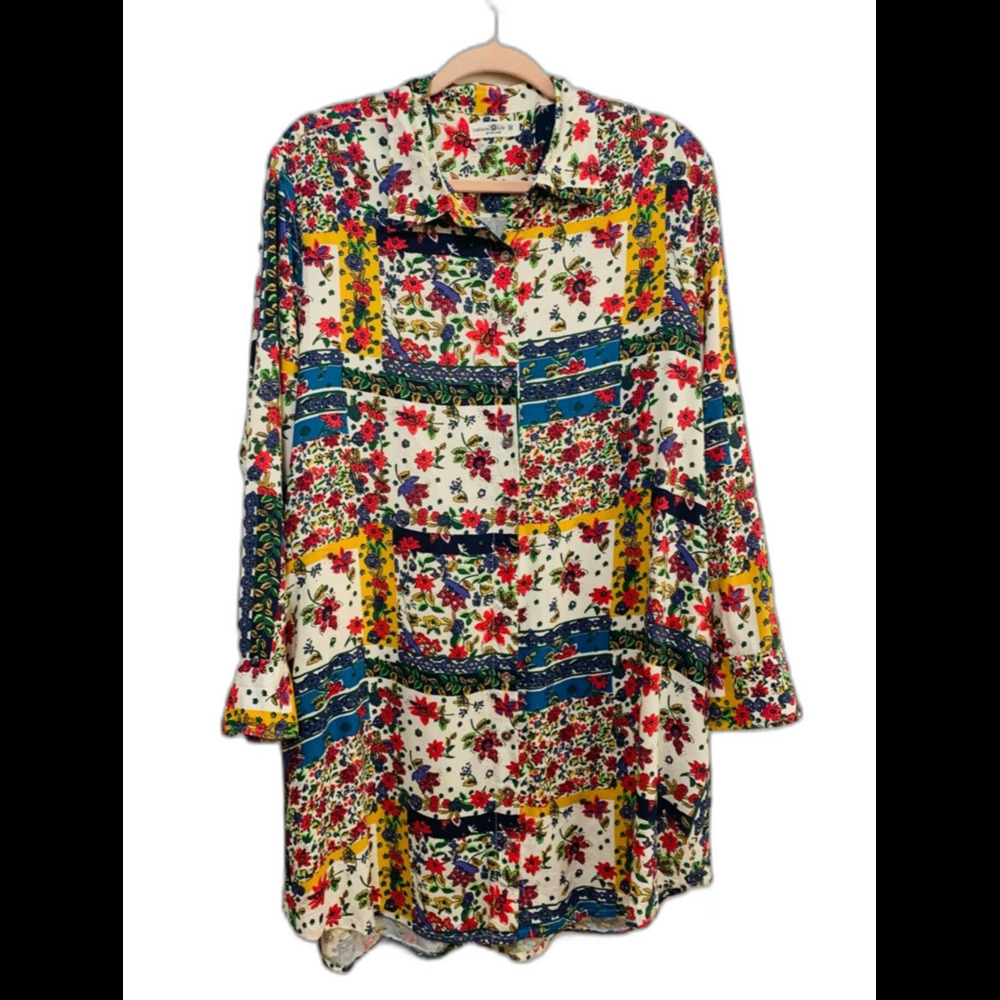 NATURAL LIFE Floral Patchwork Button Front Shirt Dress Tunic size medium